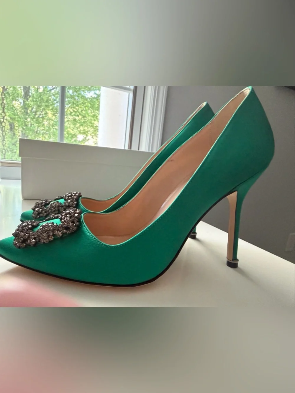 Manolo Blahnik Emerald Green Satin Hangisi Crystal Buckle Pumps - Picture 8 of 10